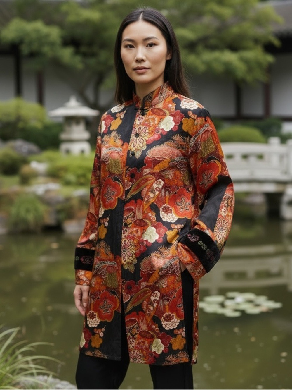 VTG CHICO'S SILK ASIAN INSPIRED TUNIC W MANDARIN COLLAR VELVET & BEADED CUFF M